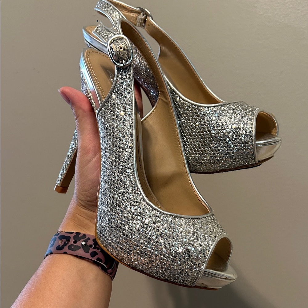 Aldo Sparkling Silver Peep-Toe Heels